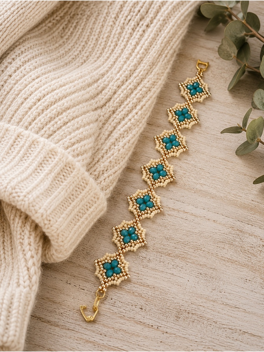 Hand Crafted Gold Beaded Bracelet with Turquoise Accents